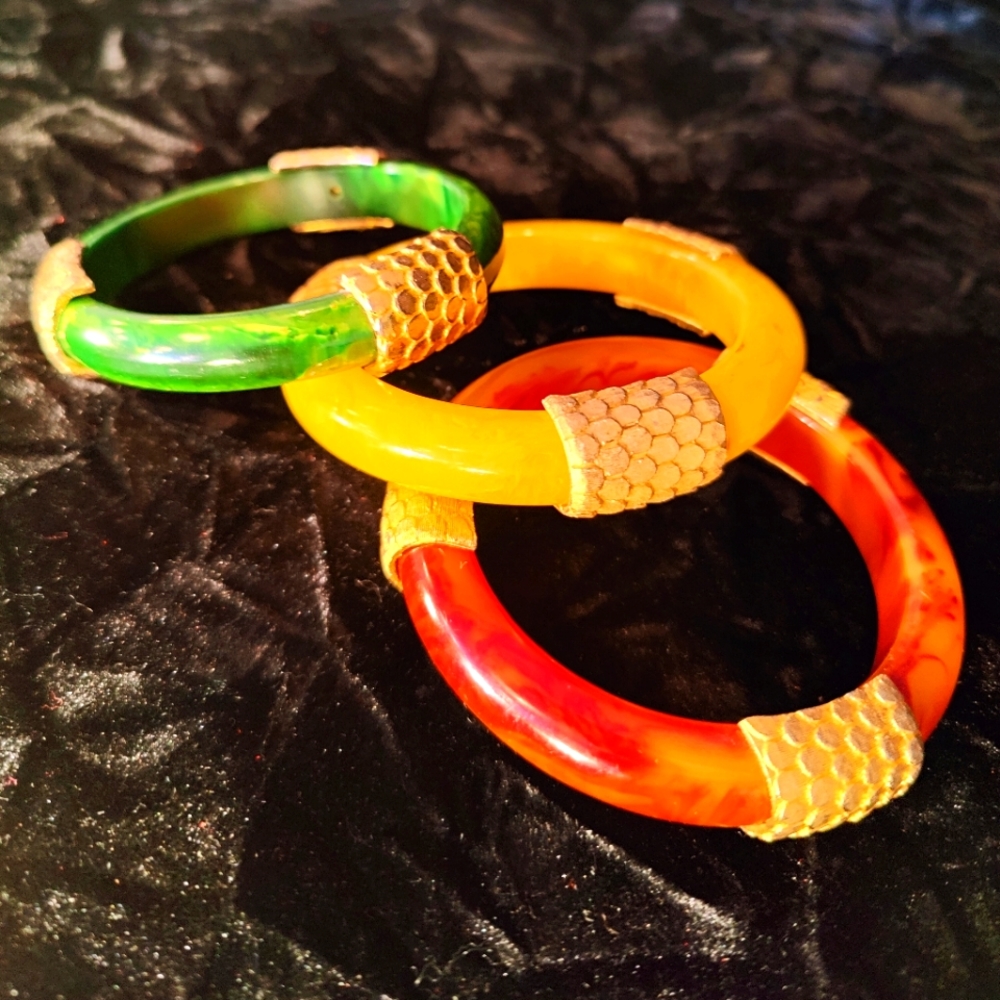 (3) Vintage Bakelite Bracelets with Goldtone Accents